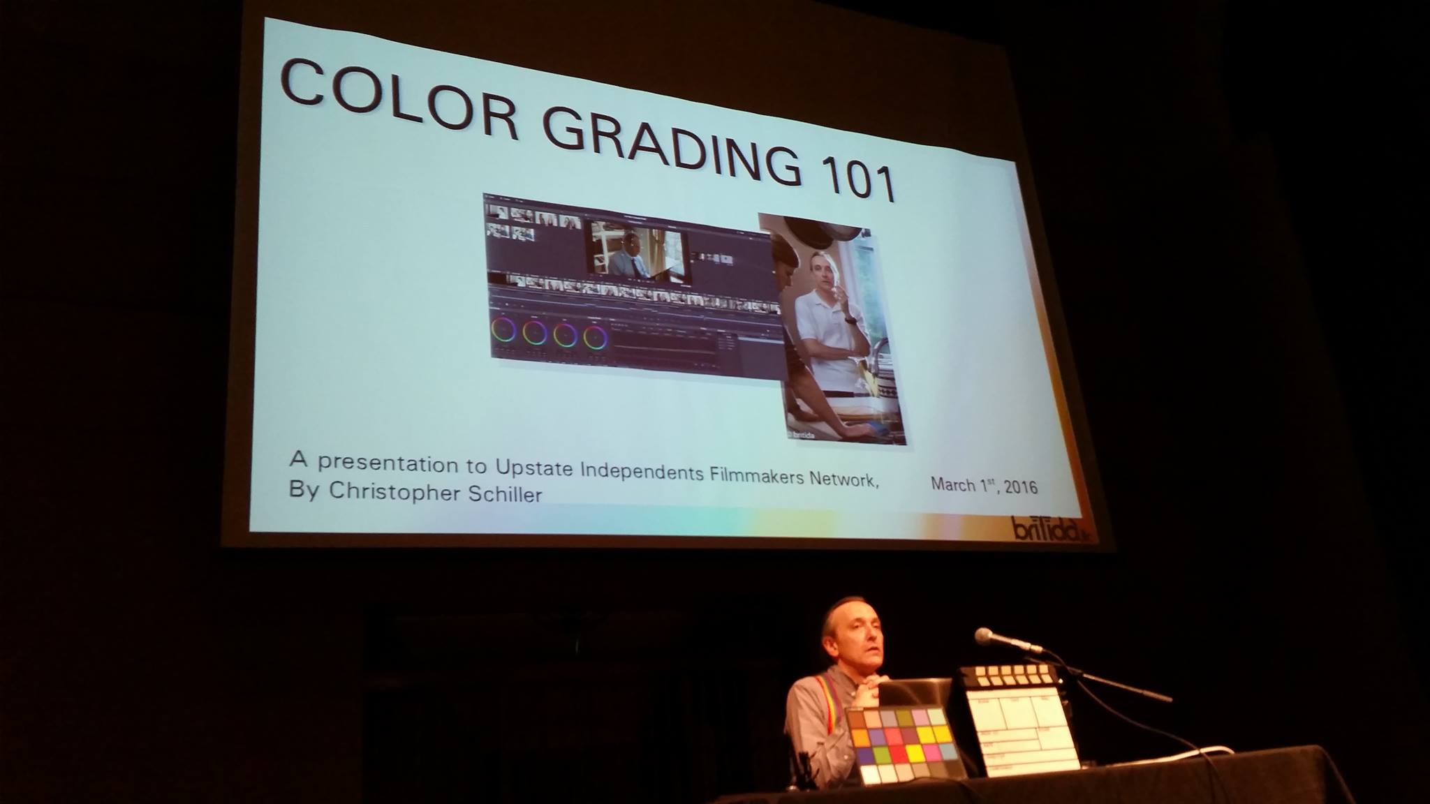 britida's Christopher Schiller leading a seminar on color grading specifics for a room full of filmmakers. Photo provided by Susie Millan.