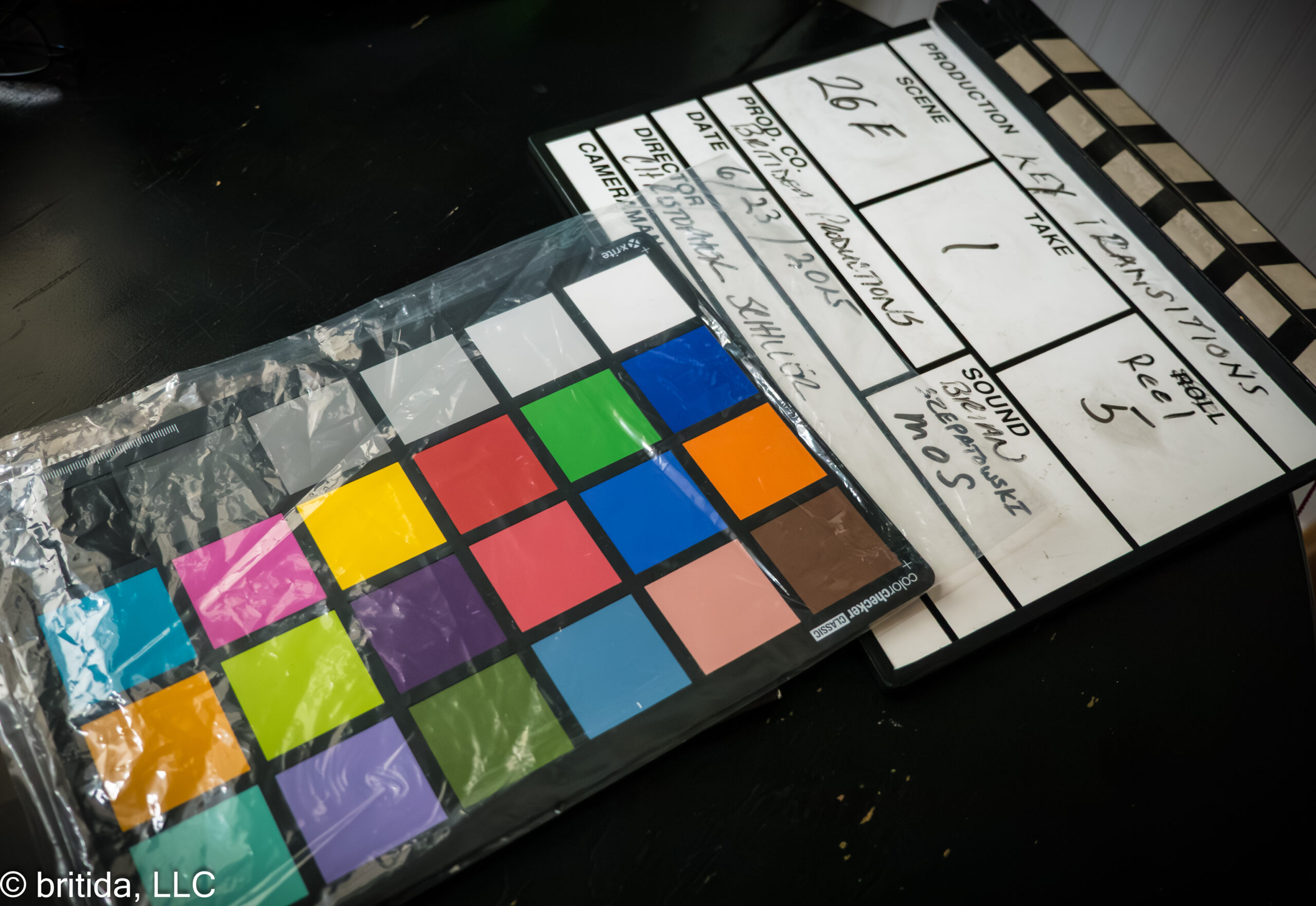 Color Chart and Slate lying on a table ready for next take.